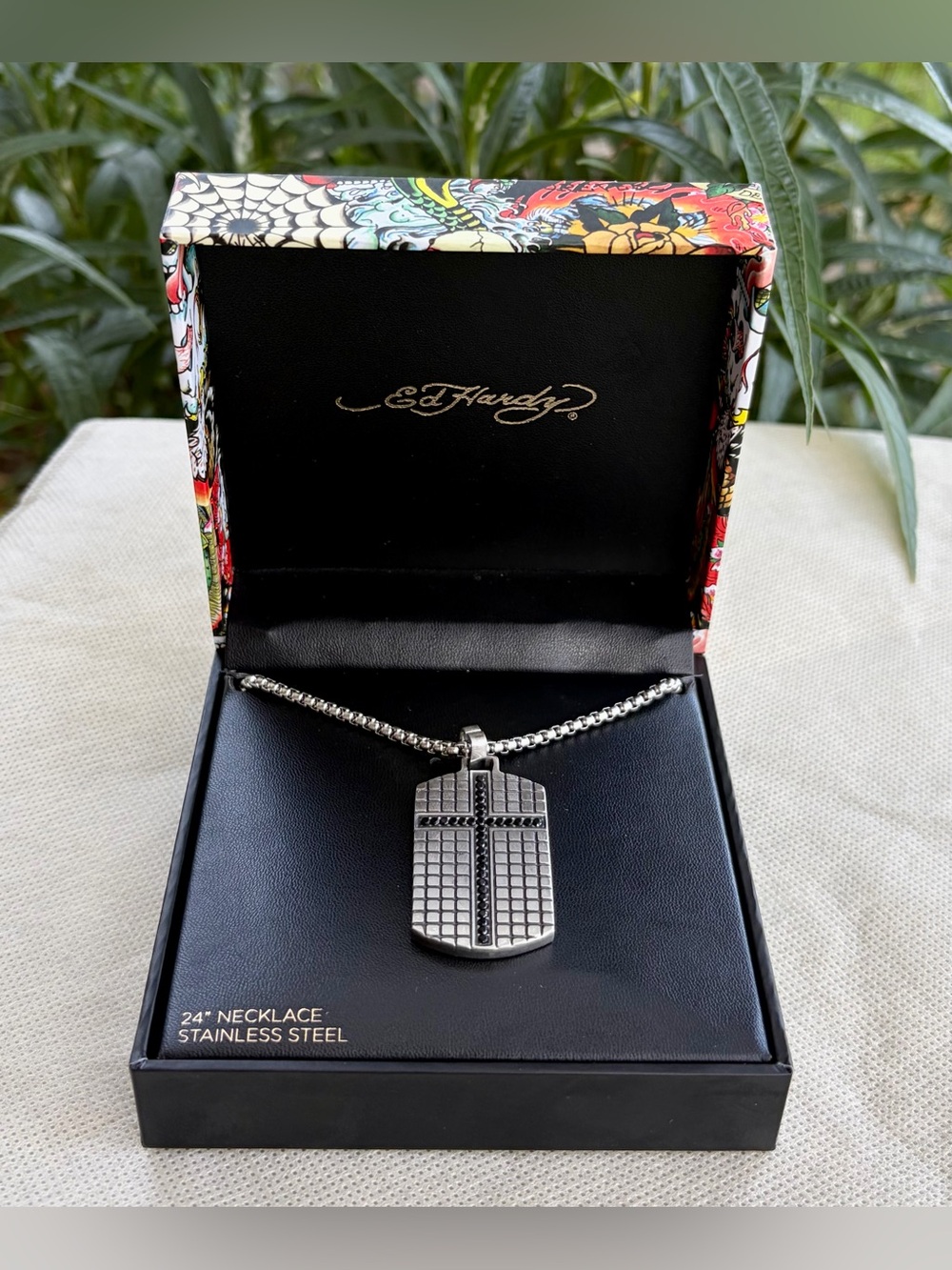 NIB ED HARDY Silver Grid Cross Pendant Necklace